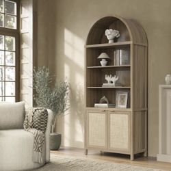 Tall Bookcase 5 Tier Large Bookshelves with Doors Storage Rattan Boho Wide Book Shelves Case