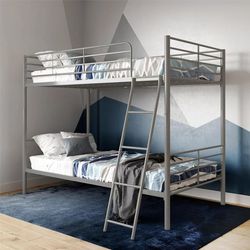 Mainstays Convertible Twin over Twin Metal Bunk Bed, Silver, New In Box