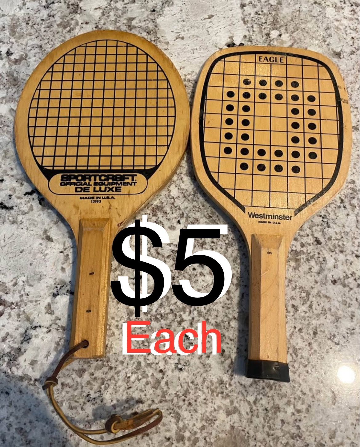 $5 each Vintage Racquet Wooden Paddles USA in great condition