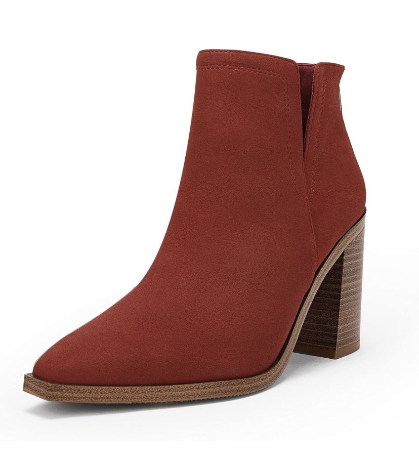 Size 7 Women Chunky Block Stacked Mid Heel Ankle Boots Back Zipper Cut Out Pointed Toe Cosy Booties