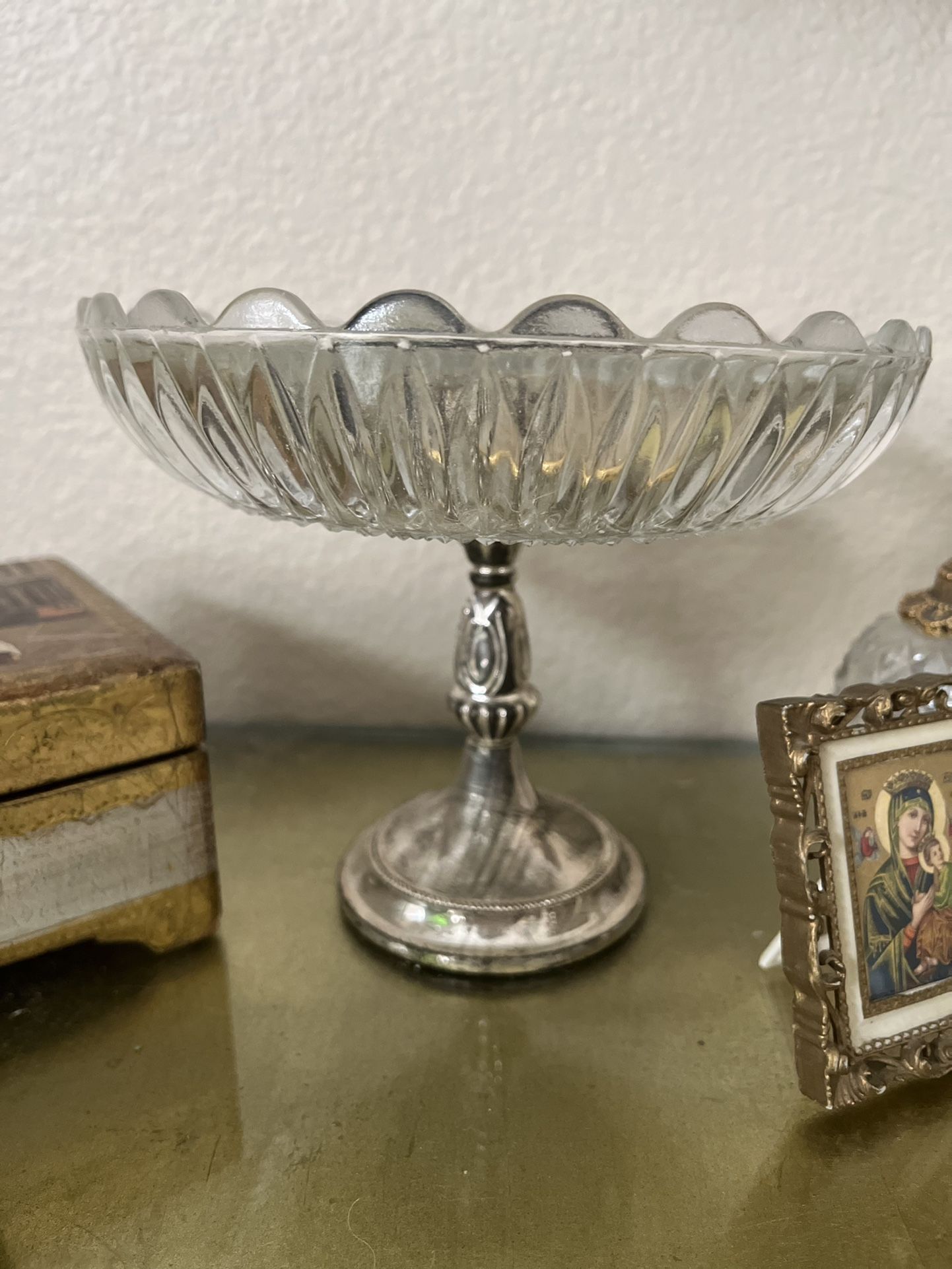 Vintage Glass & Silver  Pedestal Dish 