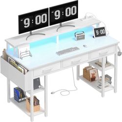 White Computer Desk with Fabric Drawers, 47 Inch Home Office Desk with Monitor Stand Shelves, Writing Study Gaming Desks with Led Lights and Power Out