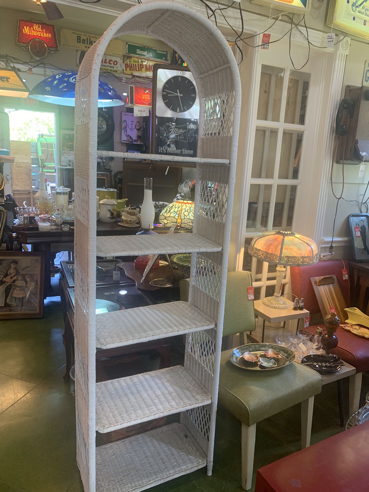 22x12x73 vintage white rattan style wicker mirror mid-century modern shelving. Great shape!  1960s. 1970s.  185.00.  Johanna at Antiques and More. Loc