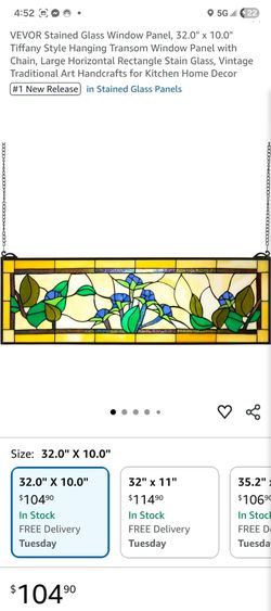 VEVOR Stained Glass Window Panel, 32.0" x 10.0" Tiffany Style Hanging Transom Window Panel with Chain, Large Horizontal Rectangle Stain Glass, Vintage