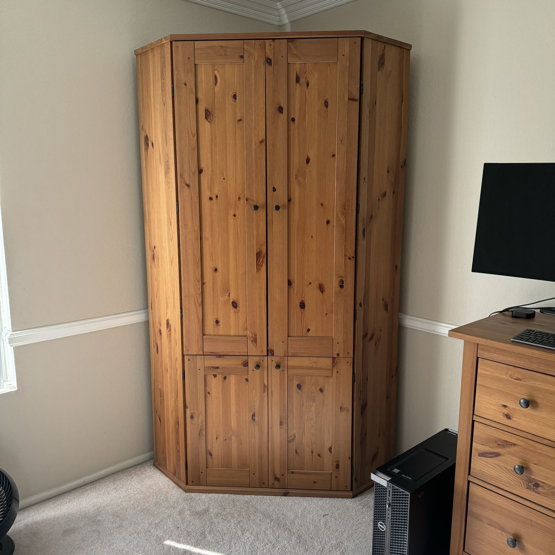 IKEA Solid Wood Corner Computer Desk Armoire Cabinet W/keyboard Tray Very Good Condition