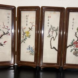    Vintage Japanese Table Top Room Divider Wall Art Screen Embroidered Hand Painted