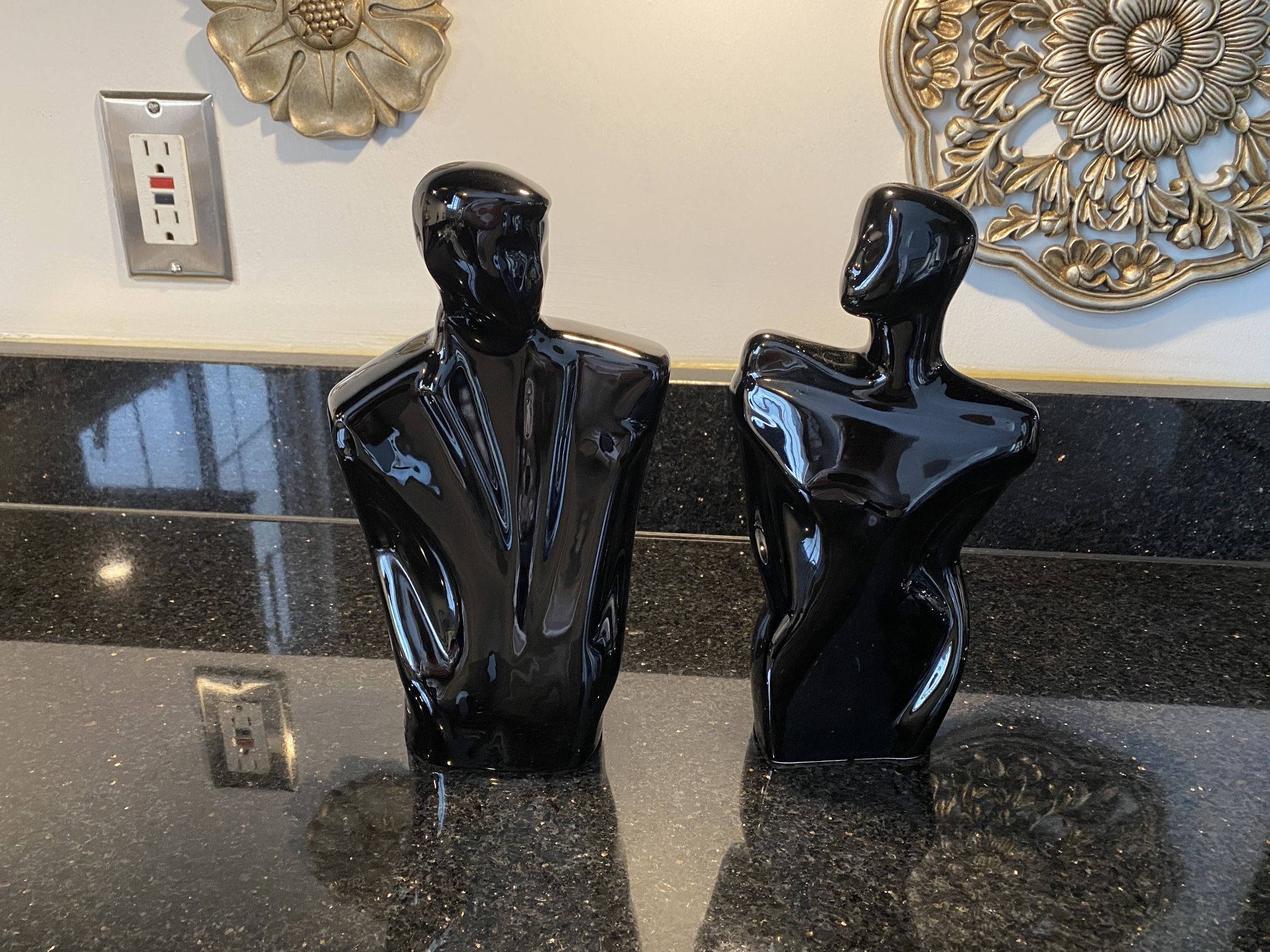 Vintage Modern Man and Woman 1980s Statues Black Porcelain Silhouette 10”