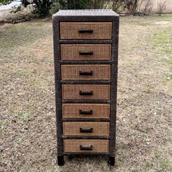 Wood Braided Jute Wicker Rattan Two Tone 7 Drawer Lingerie Organizer