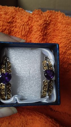 Amethyst heart earrings, silver and gold.
