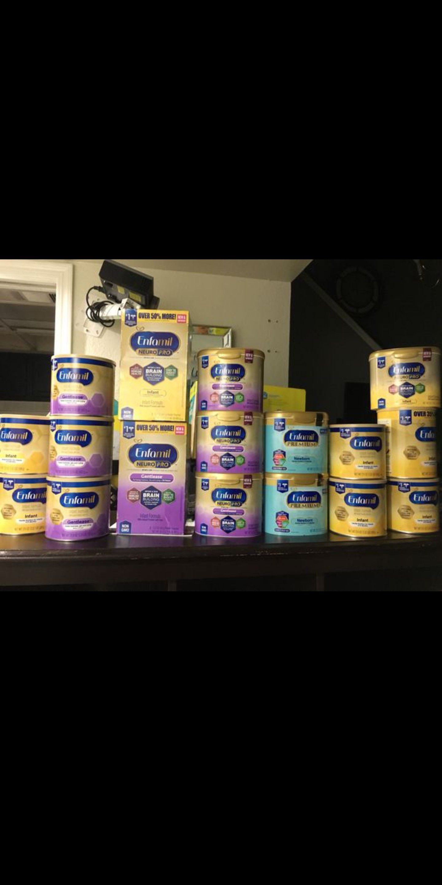 All sizes in huggies,pampers,luvs and a variety of enfamils (all colors) and also I have similac
