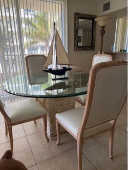 Dining table -glass with modern stone base and 4 chairs  includes 6 matching bar stools  -