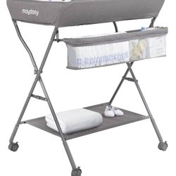 Maydolly Dark Gray Baby Changing Table With Wheels Adjustable Height Diaper Station