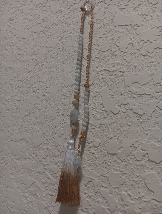 Chinese Hanfu Tassel Fringe Amulet Donut Jade Icy Pdnts 19"