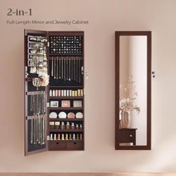 6 LEDs Mirror Jewelry Cabinet, 47.2-Inch Tall Lockable Wall or Door Mounted Jewelry Armoire Organizer with Mirror, 2 Drawers, 3.9 x