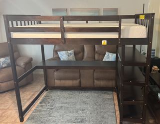 Wooden Full Size Loft Bed w/ Memory Foam Mattress, Desk, & 4 Shelves ~ *LIKE NEW!*