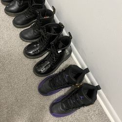 Jordan’s Purple & Black Size 4Y $70..$65 Now!) Dr Martens Black patent  Leather Size 3Y $65 New Condition)Dr Martens Black Leather Size 1Y $55 Good C.