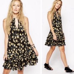 Free People Intimates Hollywood Star Black & Yellow Floral Mini Dress MSRP $128