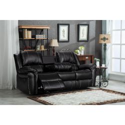 BLACK BONDED LEATHER POWER RECLINER SOFA USB CUP HOLDER CONSOLE COUCH