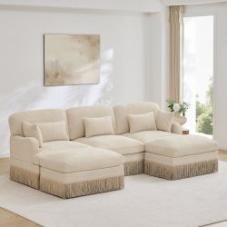 Target 100" Modular Leopard Print Chenille U-Shaped Sectional Sofa with 2 Ottomans and Fringe Trim Beige