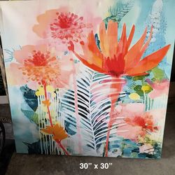 30" x 30" canvas art print featuring a vibrant floral design inspired by the artistic style of Yayoi Kusama