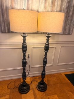 58” Tall Pair of Dark Brown w/ Cream Beige Linen Shades - Traditional Turned Floor Lamps