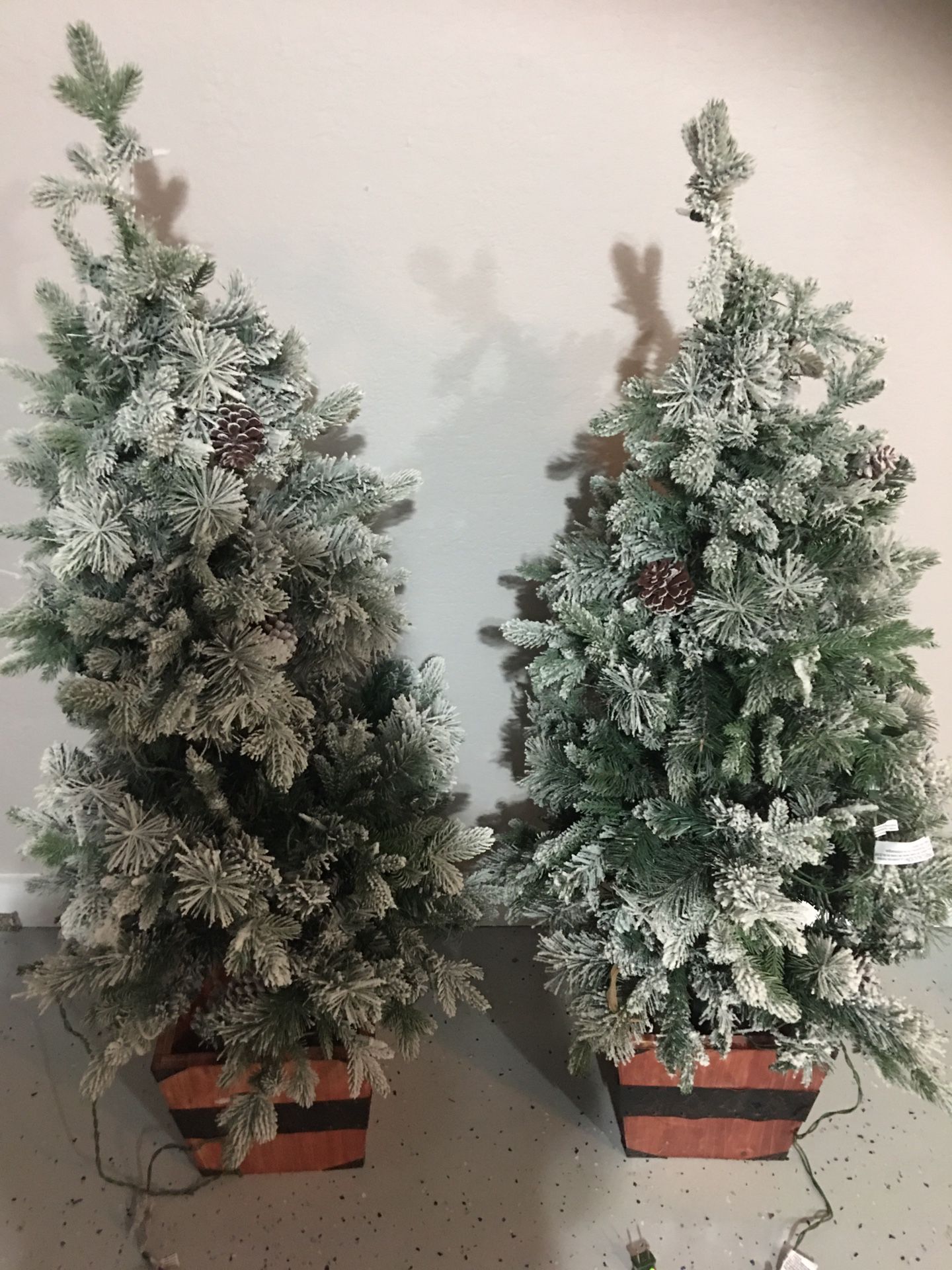 2 Christmas trees with lights and snow