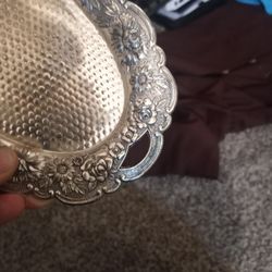 Antique Silver Trey Small With Roses And Floral Design Around It That's Into It Heavy In Weight Japan