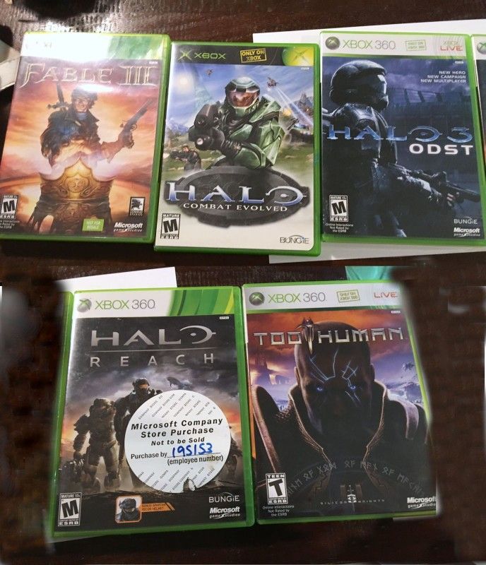 Lot of 5 XBox 360 Games Too Human, Halo, Fable
