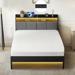 Twin Bed Frames, Upholstered Upgraded Metal Bed Frame with LED Lights Headboard & Footboard, Bed Furniture with Charging Station Ports & Storage Shelv