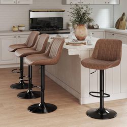 Adjustable Faux Leather Bar Stools Set of 4, Light Brown