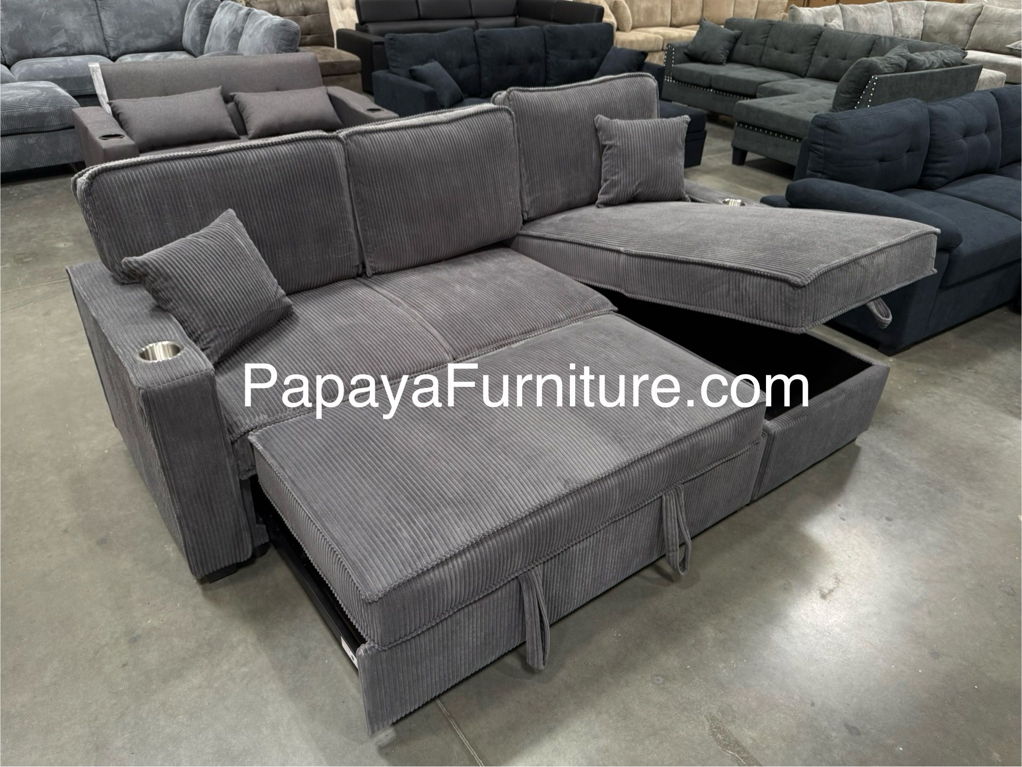 New! 89”L Reversible Grey corduroy Sectional Sofa Bed, Sectional Sofa Bed, Grey Sofa, Sleeper Sofa, Grey Couch, Reversible Sectional, Sectional Sofa W