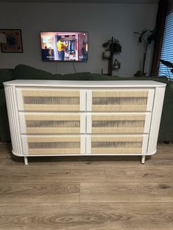 White 6-Drawer Dresser with Woven Rattan Fronts