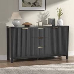 Storage Cabinet Fluted Sideboard Buffet Cabinet with Storage with 2 Doors and 3 Drawers, 47" Modern Credenza with Adjustable Shelves, Media Console Mi