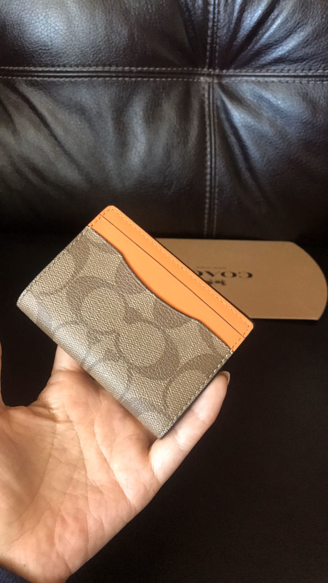 NWT COACH CARD CASE SIGNATURE COLORBLOCK 91294 Tan / Admiral