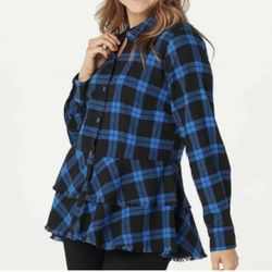 Joan Rivers plaid peplum shirt with fringe hem blue/black plus size women 20Wide