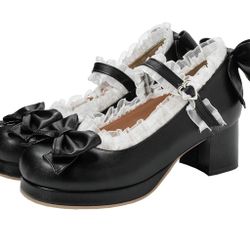 Mid Block Heel Mary Jane Rockabilly Pumps with Bow Platform Chunky Heel Cute Sweet Shoes