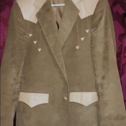 vintage Pioneer Wear men's tan corduroy western blazer with leather accents on the shoulders and poc