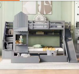Gray Twin over Twin Castle Style Wood Bunk Bed