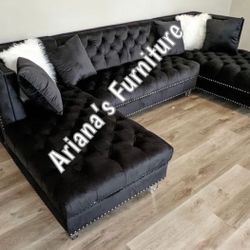 New Black Velvet Sectional U-Shaped 125x69