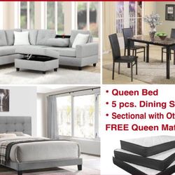 NEW 3 ROOM PACKAGE 4th  JULY SECTIONAL SOFA WITH QUEEN BED FREE MATTRESS 5pc DINING SET -  Special Financing Is Available 