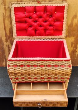 Woven Wicker Sewing Basket - Mid-Century Vintage