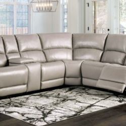 Brand New Grey Top Grain Leather Power Reclining Sectional Sofa 