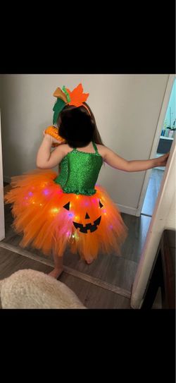 LED Pumpkin Costume for Girls Kids Halloween Light Up Tutu Dress with Headband 4-5T