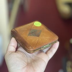 Vintage Lin-Bern Brown Leather Gold Make Up Compact Mirror 