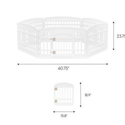 24” 6 panels pet playpen with door.   Dimensions (Overall): 60.75 inches (L), 23.75 inches (H) x 60.75 inches (W)  Material: Plastic  Sold as is. Buye