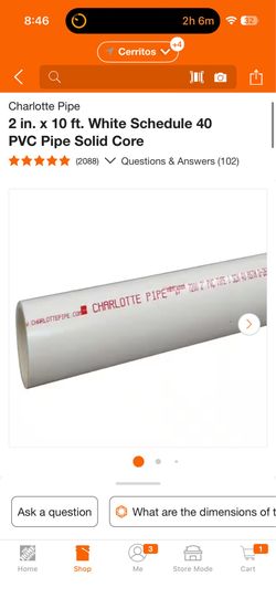 Charlotte Pipe 2 in. x 10 ft. White Schedule 40 PVC Pipe Solid Core