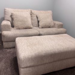 Beige chenille sofa + oversized ottoman – like new