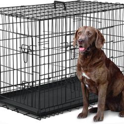 42 Inch Dog Crate Large Double-Door Dog Kennel with Plastic Tray & Divider, Indoor Outdoor Folding XL Dog Cage Pet House