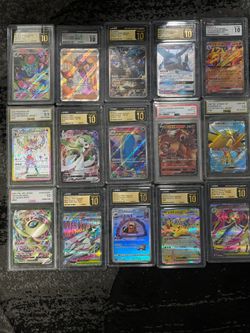 Pokemon 15 graded cards all 10s beside a 9.5