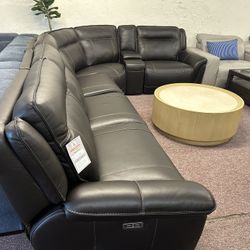 Furniture- Semi Aniline 100% Real Leather Sectional With 2 Power Recliners- Lenardo